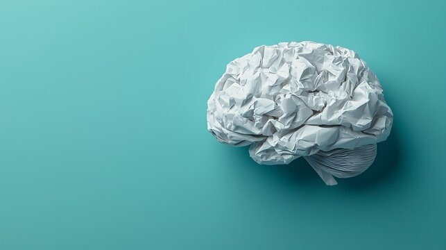 A unique sculpture made of crumpled white paper resembling a brain