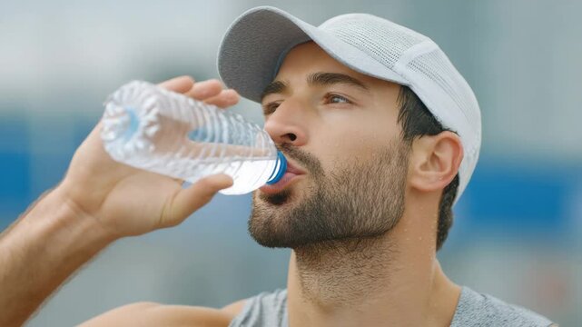 Refreshing Hydration: A focused sportsman, clad in athletic gear, takes a hydrating sip from a transparent water bottle, embodying thirst satisfaction and peak performance