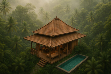 Aerial View of Balinese Jungle Villa with Private Plunge Pool – Misty Tropical Forest Escape