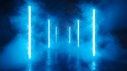 Abstract blue neon lights in a dark room with smoke