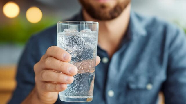 Refreshing Hydration: A close-up captures the moment a person savors a chilled glass of water. This photograph highlights the simple pleasure of thirst quenching with the refreshing clarity of water.