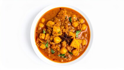 Fototapeta premium Indian curry with chickpeas and spices isolated on white background for South Asian cuisine or vegetarian concept