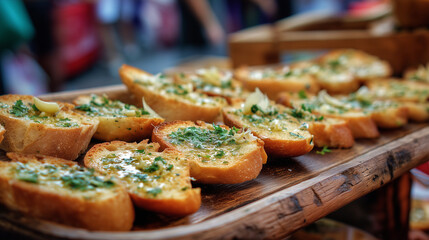 Fototapeta premium Garlic Bread at the garlic festival celebration, perfectly toasted crispy baguette slices, topped with garlic butter and fresh parsley leaves, ai generated images.