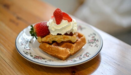 Homemade Waffles with Whipped Cream and Fresh Strawberries on Vintage Plate in Cozy Setting