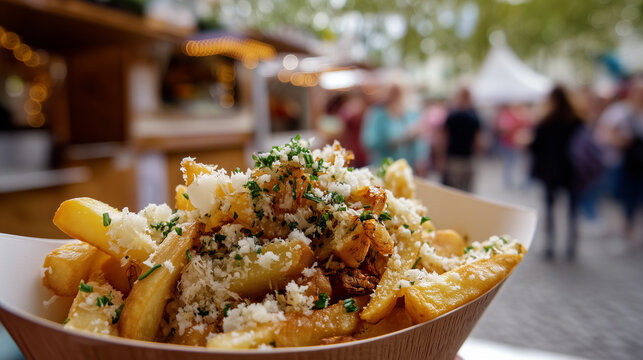 Garlic Mashed Potatoes, in the celebration of the garlic festival, golden crispy fries topped with chopped garlic and grated parmesan cheese, served in a festival paper bowl, ai generated images.