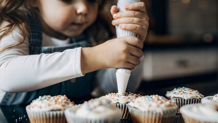 Adorable Little Chef Decorating Cupcakes – Close-Up of 5-Year-Old’s Frosting Focus for Kids Take Over Kitchen Day (Ideal for Parenting Blogs, Baking Brands & Childhood Content)