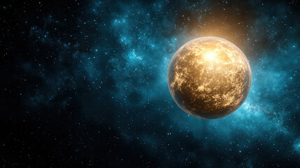 Glowing planet surrounded by starry cosmic background creates otherworldly atmosphere