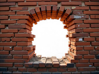 A red brick wall with a hole in the middle, the hole is oval shaped, the background is white