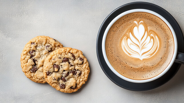 Delicious latte art with two chocolate chip cookies on textured surface