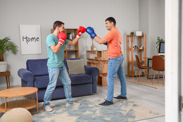 Young brothers boxing in living room
