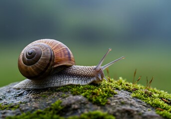 Snail on moss-covered rock in natural surroundings