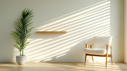 Serene home office featuring linen chair and potted plant, illuminated by soft light