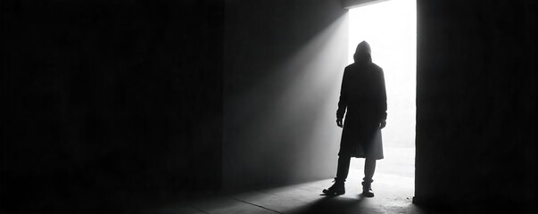 Obraz premium A shadowy figure in monochrome, subtly implying theft; a stark contrast of light and dark highlights the clandestine action Perfect for mystery, intrigue, and crime-themed projects , white, detective