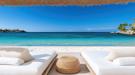 Relaxing beach view from sunbed under straw umbrella, serene ocean waves and clear sky