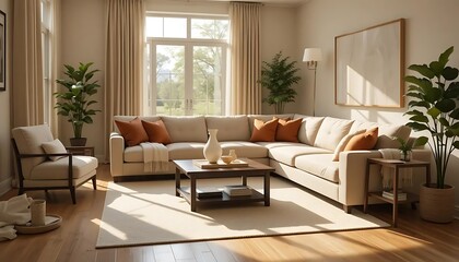 Obraz premium Sunlit interior design featuring a large corner sofa and minimalist decor