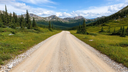 Fototapeta premium Remote gravel road leads through vast wilderness, surrounded by mountains and greenery