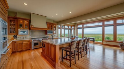 Luxury kitchen island with ocean view hardwood floors modern design