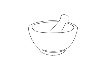 Continuous one line drawing of Mortar and pestle. Single line drawing illustration of Retro Mortar and Pestle. Bowl leaves therapy drug eco concept vector art. Doodle line illustration.