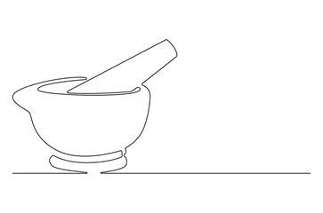 Continuous one line drawing of Mortar and pestle. Single line drawing illustration of Retro Mortar and Pestle. Bowl leaves therapy drug eco concept vector art. Doodle line illustration.