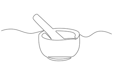 Continuous one line drawing of Mortar and pestle. Single line drawing illustration of Retro Mortar and Pestle. Bowl leaves therapy drug eco concept vector art. Doodle line illustration.