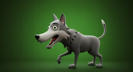 Fototapeta premium Charming 3D Animated Cartoon Wolf Character Design A Playful, Friendly Grey Wolf Ready for Animation Projects, Games, or Children's Stories. High-Quality 3D Model.