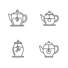 Four simple silhouette tea kettle and tea pot icon designs in line art style