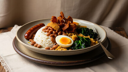 Virado a Paulista Brazilian Food Dish with Beans, Rice, Eggs, Sausage and cabbage.