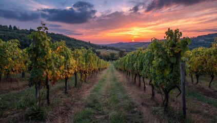Fototapeta premium Vineyard rows at sunset in the countryside