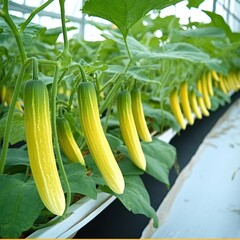 Obraz premium Vibrant Yellow Cucumbers Growing in a Modern Greenhouse