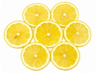 Obraz premium Juicy Lemon Slices Arranged in Overlapping Pattern with Juice Droplets on Isolated White Background