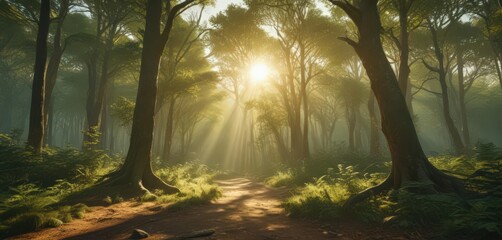 Naklejka premium Golden sunlight streams through emerald canopy, illuminating dappled forest floor , nature, light