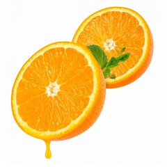 Juicy Orange Halves with Juice Dripping and Fresh Mint on Isolated White Background Setting