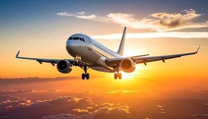 Obraz premium Airplane Sunset Landing: A Majestic View