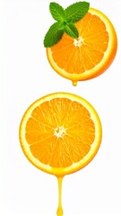 Juicy Orange Halves with Juice Dripping and Fresh Mint on Isolated White Background Setting