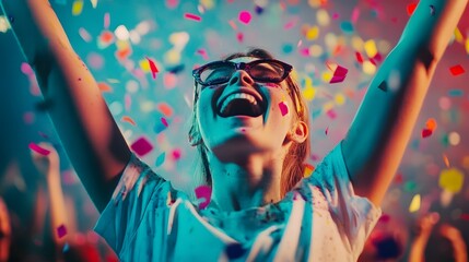 Obraz premium Joyful woman celebrates amidst a vibrant confetti storm