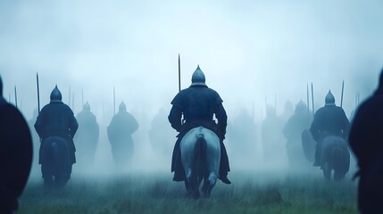 Medieval warriors charging through the mist in a cinematic battle reenactment