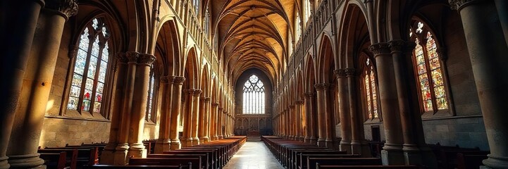Fototapeta premium Majestic medieval church, soaring gothic arches, intricate stone carvings, stained glass windows illuminating the nave A breathtaking example of medieval architecture , buttress, building, culture