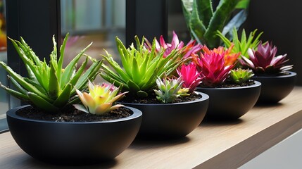Colorful succulent plants in black bowls on a windowsill.