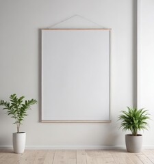 Empty hanging poster frame on white; modern, clean design, simple, empty space, clip mockup,  visual,  art