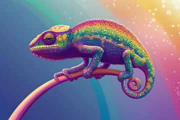 Colorful chameleon perched on a branch against a vibrant, abstract background with shimmering lights