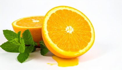Juicy Orange Halves with Juice Dripping and Fresh Mint on Isolated White Background Setting