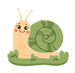 Cute green snail sits on the grass. Flat vector illustration.
