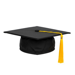 Black graduation cap with a yellow tassel, symbolizing academic achievement, isolated on white or transparent background. PNG
