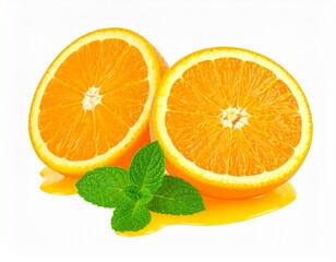 Juicy Orange Halves with Juice Dripping and Fresh Mint on Isolated White Background Setting