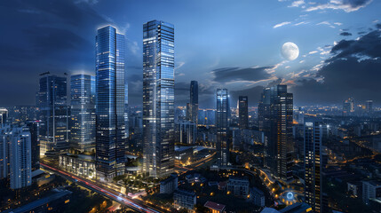 Naklejka premium A Night view of a modern densely