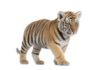 Obraz premium Cute tiger cub standing alone with striped fur and curious look, cut out
