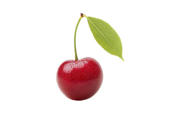Obraz premium Fresh red cherry with dew and green leaf isolated on black background, cut out