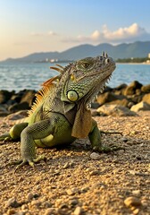 Obraz premium 穏やか夕陽 海辺 イグアナ 休息 雄大自然