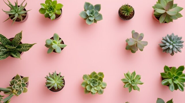 Succulent plants in small pots arranged on a pastel pink background.