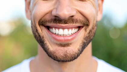 Close up of man smiles with beautiful white teeth without show whole face.